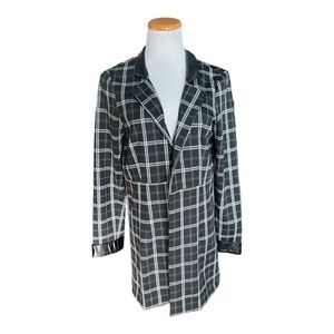 Womens Cato Faux Leather Black Plaid Duster Blazer Open Front Jacket - Sz M